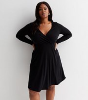 New Look Curves Black Ribbed Jersey V Neck Long Sleeve Mini Wrap Dress